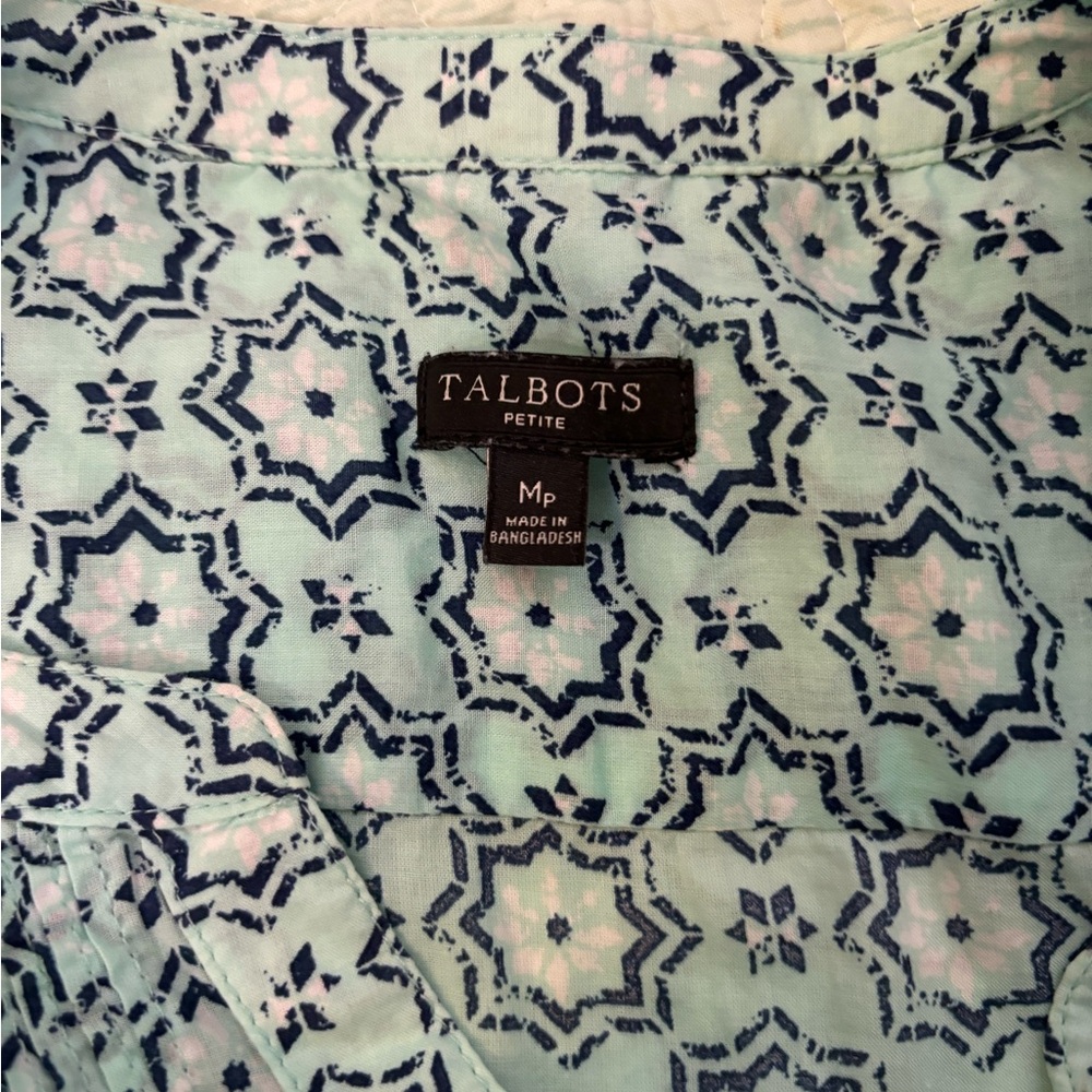 Talbots Mint Green Popover Blouse Button Up 3/4 Sleeves Woman’s Size MP Petite